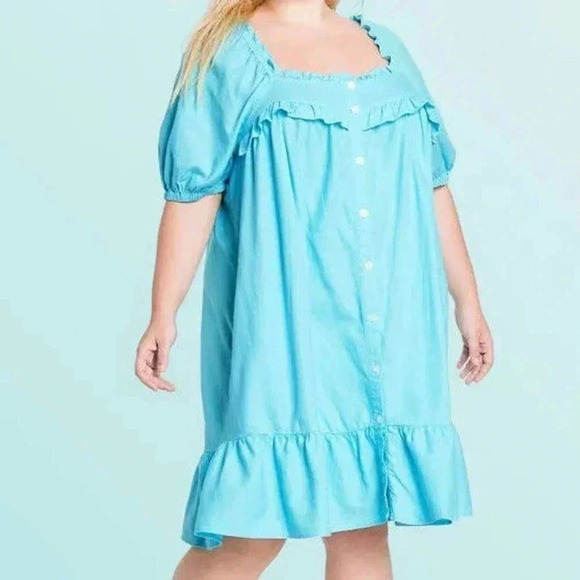 Stoney Clover Women's Blue Button Front Short Sleeve Ruffle Dress Size 2X - Picture 1 of 5